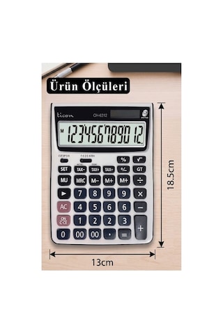Hesap Makinesi Gri 13x18.5cm 1 Adet Ticon Ch-6312 12 Haneli Hafızalı Orta Boy Ofis Büro Masaüstü Hesap Makinası