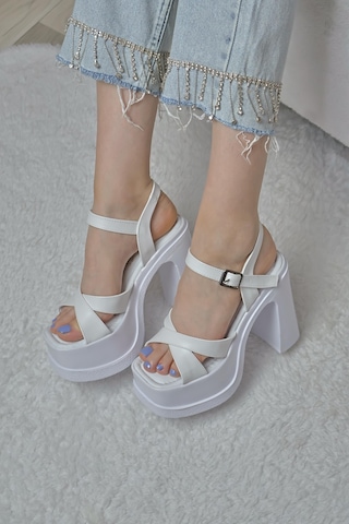 Asmi Shoes Kadın Çapraz Bantlı 12 Cm Platformlu Topuklu Ayakkabbı Beyaz Beyaz