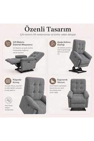 Smarto Relax Porto Liftli Çift Motorlu Elektrikli Ayağa Kalkma Destekli Polyester Hasta Ve Baba Tv Koltuğu Gri