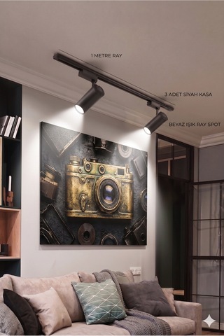 Siyah Kasa Beyaz Işık 1 Metre Raylı 3ad Ray Spot Vitrin Mağaza Armatürü Set Diğer