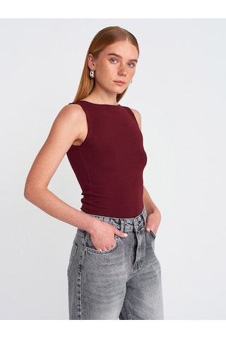 Dilvin 20868 Kayık Yaka Kolsuz Top-bordo Bordo
