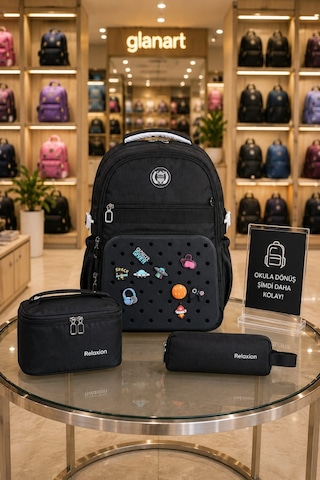 3'lü Set Çocuk İlkokul Çantası+ Kalemlik+ Beslenme Delikli Model Relaxio Siyah