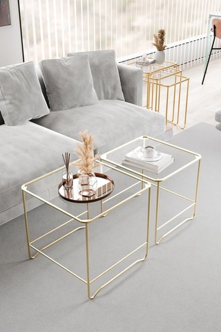 Orta Sehpa Salon Oturma Odası İkili Kare Gold Altın