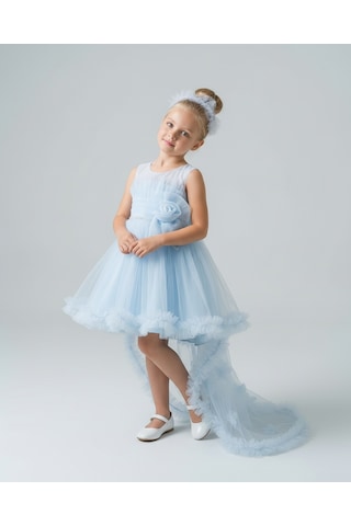 Kız Çocuk Askılı İnci Ve Gül Detaylı Çıkabilen Kuyruklu Taç Hediyeli Monita Kız Çocuk Abiye Elbise 3-7 Yaş Pudra