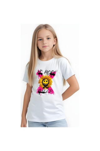 Panios Kids X Rules Baskılı Kız Çocuk Kısa Kollu T-shirt Beyaz