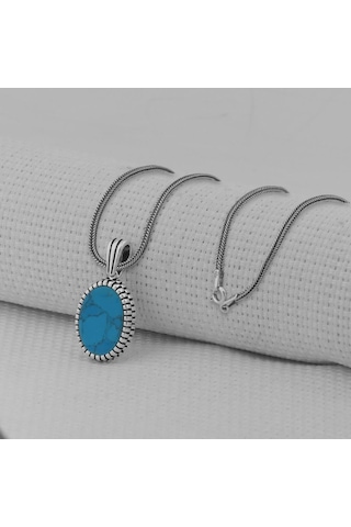Takıhan Turkuaz Taşlı Oval 925 Ayar Erkek Gümüş Kolye