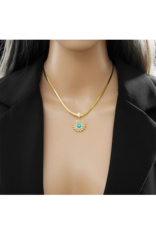 Çelik İtalyan Zincirli Firuze Doğaltaşlı Bayan Altın Renk Kolye Çelik