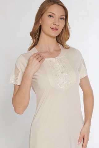 Klasik Dantel Detaylı Kısa Kollu Şık Zarif Gecelik Flz 38-30 Bej
