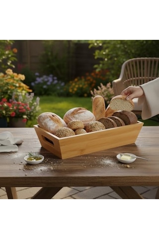 Bambu Ekmek Sepeti Ve Sunumluk 33x15x7 Cm Doğal Ahşap Modern Meyve, Sebze Ve Servis Sepeti Antibakteriyel Ve Şık Tezgah Üstü Düzenleyici