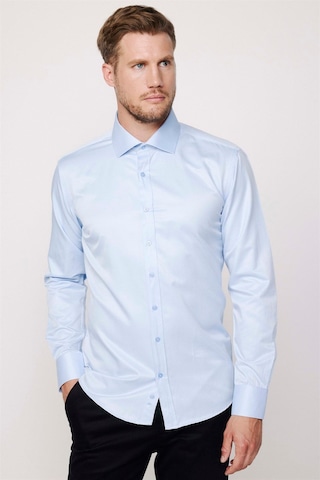 Tudors Modern Slim Fit Uzun Kollu Düz Saten Pamuklu Erkek Mavi Gömlek-23050 Mavi