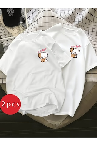 Nevermind Sevgili Kombini Ayıcık Kalp Baskılı Çift Tişört Oversize Unisex P Beyaz
