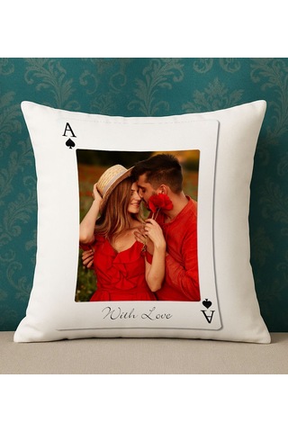 Bk Gift Kişiye Özel Aşkımızın Ası Fotoğraflı İskambil Tasarımlı Beyaz Kırlent Yastık-3, Sevgiliye Hediye, Eşe Hediye Kobitmeyencom34309 Bk Gift