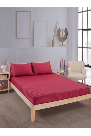 Bordo Pamuklu Çizgili Saten Lastikli Çarşaf Takımı Tek Kişilik + 1 Yastık Kılıfı Bordo