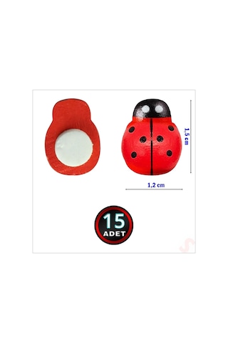 Uğur Böceği Ahşap Sticker, 1,5cm X 1,2cm X 15 Adet - Kırmızı