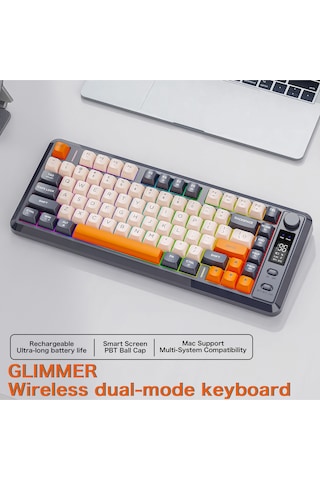 M75 Kablosuz 2.4ghz Kablosuz + Bt Çift Modlu Klavye Led Ekranlı Oyun Klavyesi İle Pbt Knob Rainbow