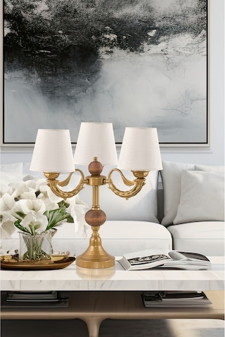 Üçlü Şamdan Masa Lambası Abajur Eskitme Krem Rengi Şapkalı Eskitme