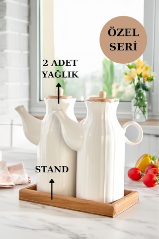 3'lü Standlı Yağdanlık Seti Sirkelik Zeytin Yağlığı 1 Lt Beyaz