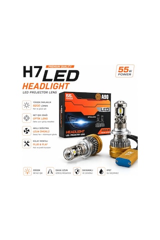 H7 A90 Led Xenon 55w 8200lm Optik Lensli 6500k Beyaz Işık Far Ampulü