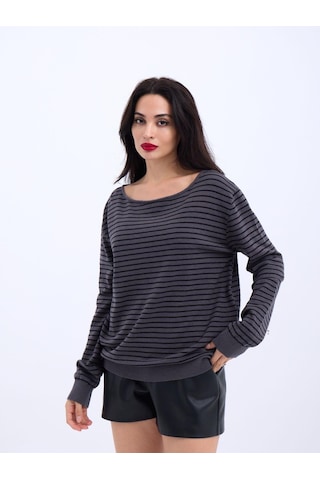 4215 Triko Çizgili Salaş Kazak-antrasit-siyah Altın