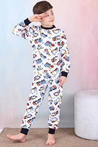Modanino Erkek Çocuk İş Makineleri Baskılı Pijama Takımı 1-7 Yaş 12291 Beyaz