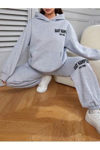 Gri East Hampton Baskılı Kapüşonlu Sweatshirt Ve Eşofman Altı Eşofman Takımı Gri