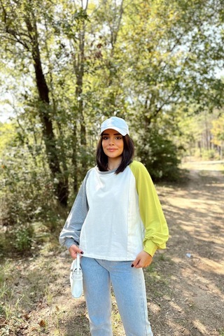 WeShaya Kadın Beyaz Uzun Balon Kol, Yuvarlak Yaka, Kolları Double Color Block Basic Sweatshirt Bluz Beyaz