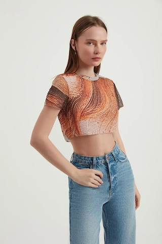Hiccup Soyut Tül Crop Top Turuncu