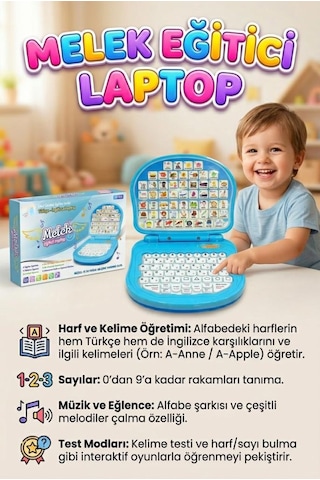 Melek Laptopum Sesli Müzikli Türkçe - İngilizce İnteraktif Alfabeyi Sayıları Öğreten Oyuncak Laptop 61275009