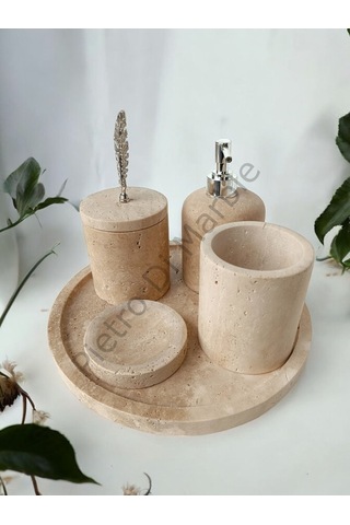 Sarı Traverten Klasik Model 5 Parça Gümüş Renk Kuş Tüyü Aksesuarlı Banyo Seti Sarı Traverten