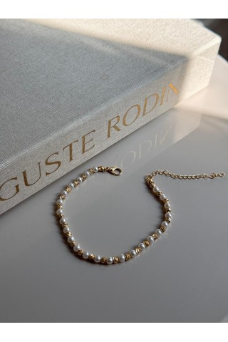 İnci Ve Altın Renk Boncuklu Kadın Halhal Ayarlanabilir Zarif Yazlık Aksesuar Altın