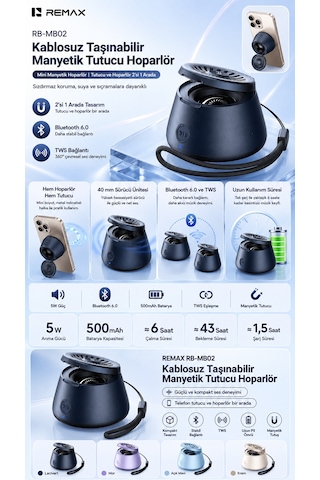 Remax Magsafe Magnetik 2'si 1 Aradatelefon Tutucu Şarjlı Mini Bluetooth Hoparlör 5w Rb-mb02 Mavi