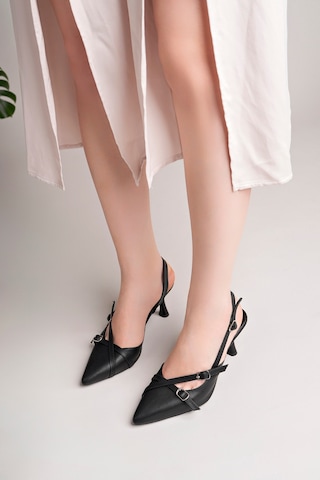 Lady Feet Kadın Mat Siyah Deri Çift Bantlı Toka Detaylı Stiletto Klasik Topuklu Ayakkabı Lacivert