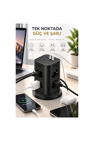 8 Li Çoklu Priz Usb-a + Type-c Şarj Girişli Güç Ve Şarj İstasyonu 0 - 2 M