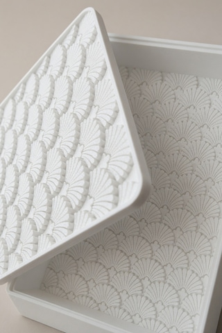 Desenli Kapaklı Dekoratif Kutu Masa Üstü Organizer Takı Aksesuar Saklama Kutusu Pla 20x12.5 Cm Beyaz