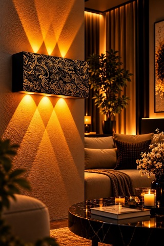 Siyah Gold Desenli 12w 2200k Amber Işıklı 3 Gözlü Yukarı Aşağı Dekoratif Duvar Apliği 16 Cm Amber Işık
