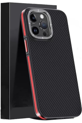 Joko Apple Uyumlu iPhone 15 Pro Max Kılıf Aramid 600d Kevlar Karbon Fiber Magsafe Kapak - Kırmızı Resimdeki