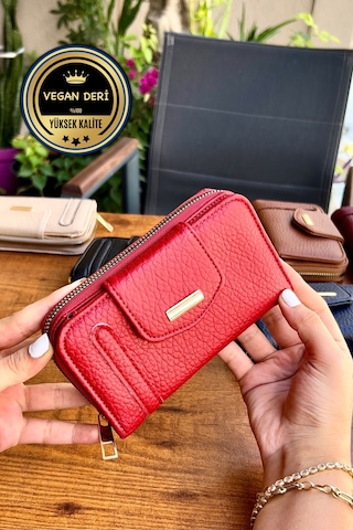 Lavinia Kırmızı Vegan Deri Kadın Cüzdan Fermuarlı Ve Mıknatıslı 16x9 Cm Kırmızı