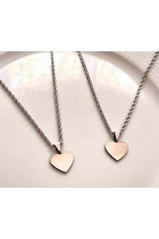 Gns Aksesuar Kalın Burgu Halat Zincir Kalp Detaylı Sevgili Kolye Seti Gümüş