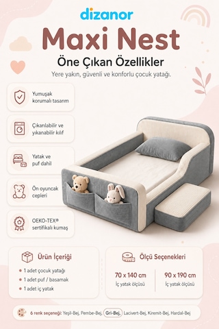 Dizanor Maxi Nest %100 Sünger Montessori Çocuk Karyola Baza Başlık Ve Yatak Seti Gri Fitilli 70 X 140