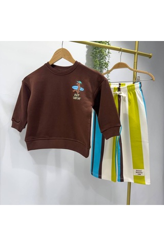 Out Surfin Baskılı Sweatshirt Çizgili Nakış Detaylı Eşofman Unisex 3ip Alt Üst Takım Kahverengi