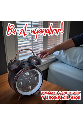 Upway Çanlı Tokmaklı Yüksek Zil Sesli Çalar Saat Vintage Tarz Metal Büyük Boy Siyah