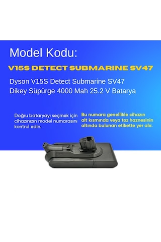 Dyson V15s Detect Submarine Sv47 4000 Mah Süpürge Batarya Yüksek Kapasiteli, Güçlü Ve Dayanıklı Yedek Pil Uzun Ömürlü Li-ıon Batarya