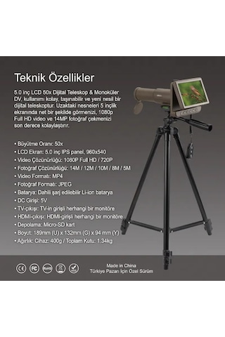 Um053 5.0 İnç Ips Ekranlı 50x Dijital Teleskop - 1080p Full Hd Video, 14 Mp Fotoğraf, Tripod & Uzaktan Kumandalı Uzak Mesafe Gözlem Dürbünü