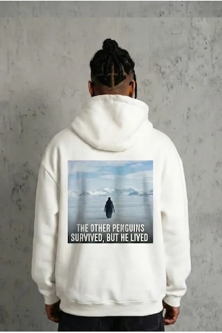 Vexor Siyah Oversize Hoodie - Sırt Baskılı Survivor Penguin Temalı, Felsefi Yazılı Kapüşonlu Sweatsh Beyaz