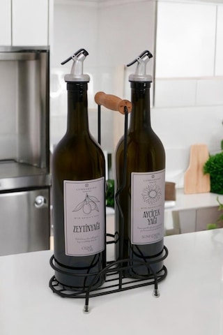 Digithome Petra 2'li Siyah Metal Standlı Ahşap Saplı Yağdanlık Seti Gümüş Etiketli Amber Yağlık 750 Ml Siyah