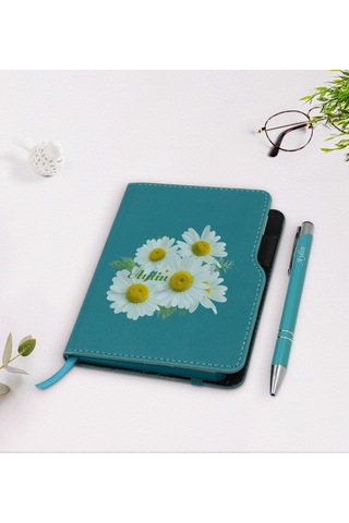 Kişiye Özel Papatya Temalı Turkuaz Termo Deri Defter Kalem Seti-1 N11.4154