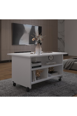 Asra Trend Orta Sehpa OS001 %100 MDF Tekerlekli İki Katlı Geniş Raf Takımı Beyaz