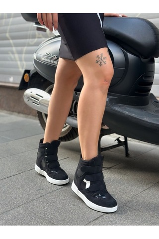 Erva'nın Butiği Siyah Süet İsabe Gizli Topuk Dolgu Topuk 7 Cm Boy Uzatan Sneakers-6446