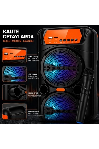 Büyük Boy Rgb Işıklı Hoparlör, 2x15w Güçlü Bass, Kablosuz Mikrofonlu, 360 Stereo Ses, Bluetooth Tws, Usb Aux