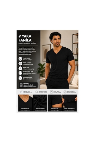 No Brand Kaliteli V Yaka Pamuklu Fanilya Siyah Siyah